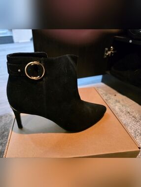 Calvin Klein Black Suede Pointed Ankle Boot with Gold Ring